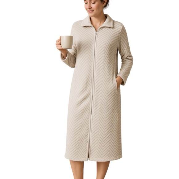 Jasmine Rose Noire XL Beige Chevron Long Housecoat Loungewear - Picture 1 of 9
